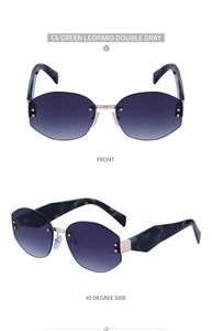 Front and 45-degree side views of rimless gradient sunglasses with green leopard temples