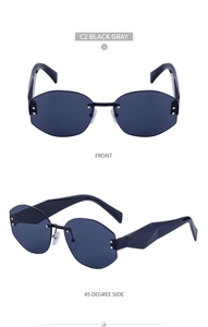 Front and 45-degree side views of C2 black gray rimless geometric sunglasses with thick temples