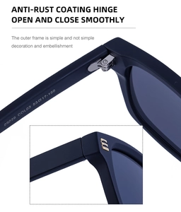 Détail de la charnière en métal et gravure de monture sur lunettes de soleil carrées