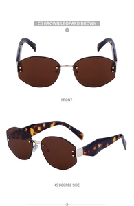 Frameless polygonal sunglasses with brown leopard pattern temples and gold metal bridge
