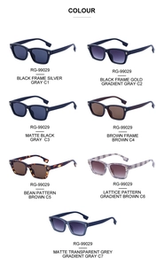 Aperçu des lunettes de soleil carrées montrant sept couleurs de montures et de verres divers