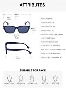Tableau des tailles détaillé pour lunettes de soleil carrées UV avec mesures précises