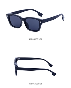 Détails de lunettes de soleil carrées noires avec accents métalliques argentés sur le côté