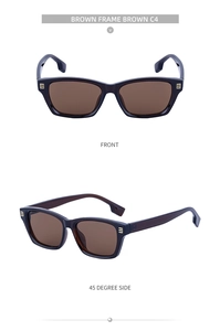 Vue de face et de profil de lunettes de soleil œil-de-chat marron à charnières dorées
