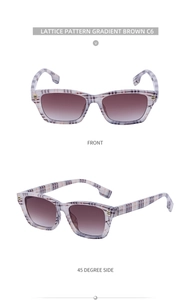Vues de face et de profil à 45 degrés de lunettes de soleil œil-de-chat à motif quadrillé