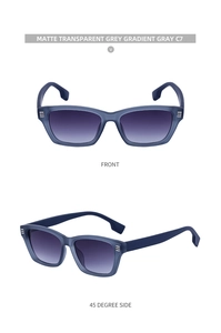 Détail de lunettes de soleil œil de chat gris transparent mat avec verres dégradés