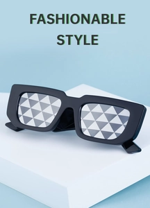 Detail of black rectangle sunglasses with geometric triangle pattern lenses on a block