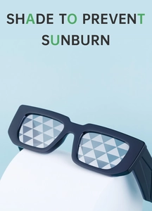 Detail of black rectangular sunglasses featuring unique grey triangle pattern on lenses