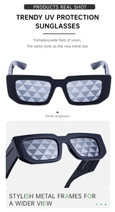 Detail of square sunglasses with geometric lens texture and wide metal temples