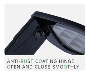 Detail of anti-rust coating hinge for smooth opening on black square sunglasses