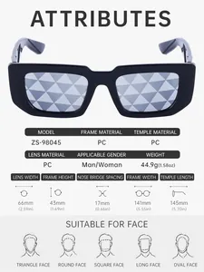 Detailed size chart for square sunglasses showing frame width, lens height and PC material