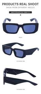 Detailed views of matte black rectangular sunglasses with geometric textured temples