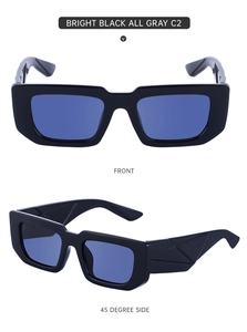 Detail view of bold black square sunglasses with geometric temple and dark gray lenses