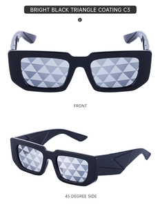 Detail view of black square sunglasses with triangle pattern coating and wide temples