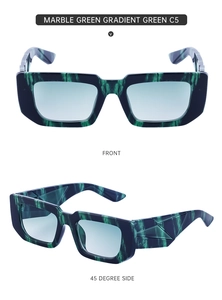 Detail view of marble green square sunglasses with gradient lenses from front and side angles