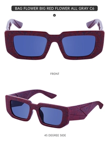 Detail view of red textured rectangular sunglasses with wide temples and dark lenses