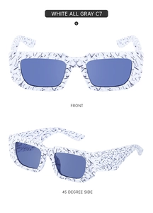 Detail view of white marble patterned rectangular sunglasses with light blue lenses