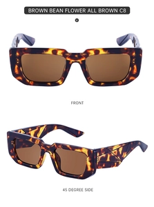 Detail view of square tortoiseshell sunglasses with brown lenses and geometric temples