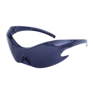 Y2K futuristic wraparound sunglasses with dark grey lenses in a 45-degree studio view