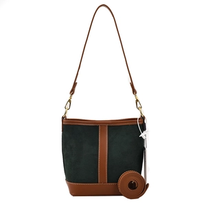 Vintage green and brown bucket bag with leather patchwork and golden hardware details
