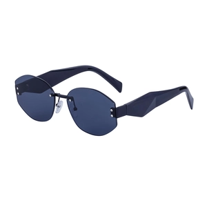 Frameless rimless polygonal sunglasses with blue lenses and wide black geometric temples