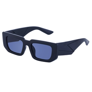Modern rectangular sunglasses with bold black frames and light blue lenses in a side view