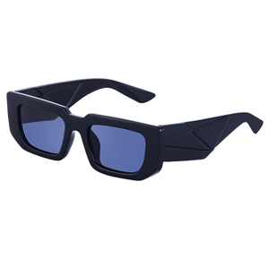 Retro square sunglasses with thick black frames, blue lenses, and 3D triangle temples