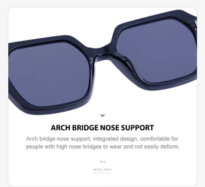 Détail de lunettes de soleil carrées avec support de nez en arche intégré pour le confort