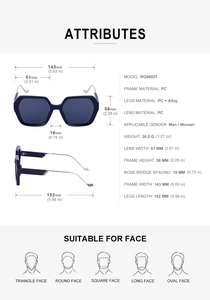 Tableau des tailles et spécifications techniques détaillées des lunettes de soleil carrées