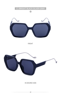 Vue de face et de profil des lunettes de soleil carrées noires avec branches en métal argent