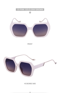 Vues de face et de côté de lunettes de soleil carrées avec monture rose et verres dégradés