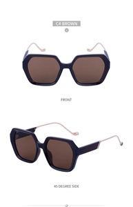 Vues frontale et latérale de lunettes de soleil carrées marron avec branches dorées