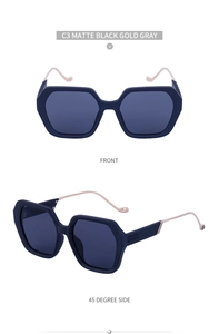 Vues de face et de profil de lunettes de soleil carrées noir mat avec branches dorées