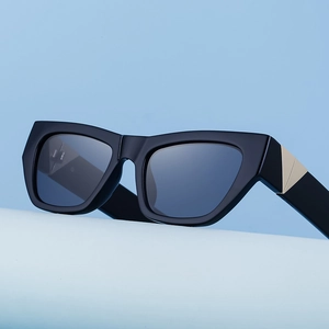 Detail of black cat-eye sunglasses with thick frames and triangular metal hinge accents