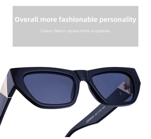 Detailed close-up of cat-eye sunglasses featuring golden triangle hinge and model specs