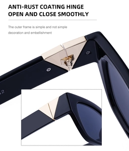 Detail of high-quality anti-rust metal hinges on black cat-eye fashion sunglasses