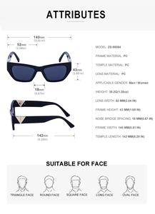 Detailed dimension guide for black cat eye sunglasses with frame and lens measurements