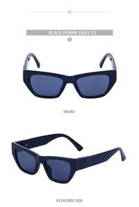 Detailed view of black small frame cat eye sunglasses with grey lenses and V-shaped temple