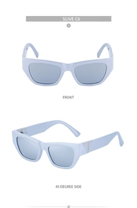 Front and side view of small frame cat eye sunglasses with silver triangle metal accents