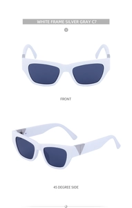 Detailed views of white cat-eye sunglasses with silver-gray lenses and triangular accents