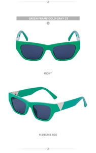 Detail view of green cat eye sunglasses with gold triangle metal trim and grey UV lenses