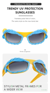 Détail de lunettes Y2K jaunes avec texture tressée bleue unique et verres gris fumé