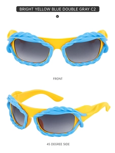 Vue de face et latérale à 45 degrés de lunettes Y2K avec montures jaunes et branches bleues