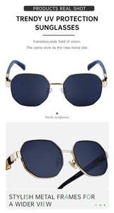 Détail de lunettes de soleil polygonales en métal avec protection UV et vue large