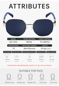 Tableau des tailles détaillé pour lunettes de soleil DG-5335 avec dimensions et matériaux