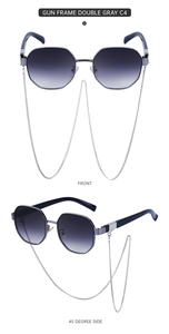 Détails de lunettes de soleil polygonales gunmetal avec verres gris et chaîne en métal