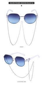 Lunettes de soleil octogonales argentées avec verres dégradés bleus et chaîne en métal