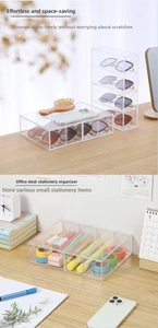 Detailed view of clear acrylic 4-tier drawer organizer for glasses and stationery