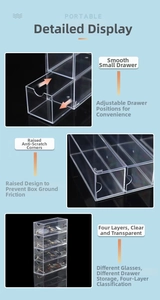 Detail showing smooth sliding drawers and non-slip base of acrylic eyewear storage box