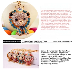 Detail view of rhinestone lion keychains with crown design and alloy base material